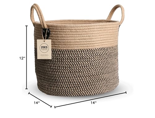 ZOES HOMEWARE 14"x12" Natural Jute Rope Woven Storage Basket with Handles for Plant, Blankets,Toys,Clothes,Shoes - Living Room Home Decor,Multifunctional Basket for Organizer,Picnic,Artificial Tree