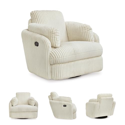 Signature Design by Ashley Tie-Breaker Cozy Contemporary Manual Press-Back Swivel Glider Rocker Recliner with 2 Bolster Pillows and Hidden Storage, White
