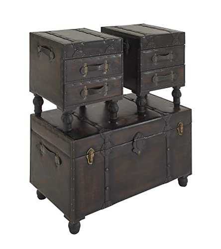 Deco 79 Faux Leather Home Bench Vintage 4 Drawer Entryway Benches with Faux Leather Straps and Studs, Set of 3 Bedroom Benches 37", 16", 16"W, Brown