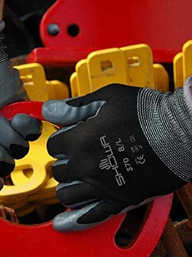 SHOWA Atlas 370B Professional Nitrile Work Gloves, Breathable High-Dexterity Precision Grip for Landscaping, Gardening & Assembly, General Purpose Gloves, Black, X-Large, 12-Pack