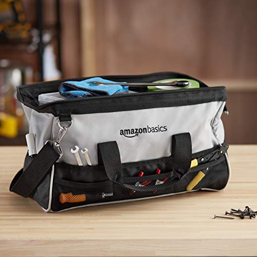 Amazon Basics Durable Wear-Resistant Tool Storage Bag with Adjustable Shoulder Strap, Portable Tool Organizer, 16 in, Black & Grey