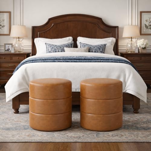 HomePop Upholstered Faux Leather Round Ottoman (No Lid, Seat Only) | HomePop Home Décor | Round Pouf Foot Rest – Camel Brown Faux Leather
