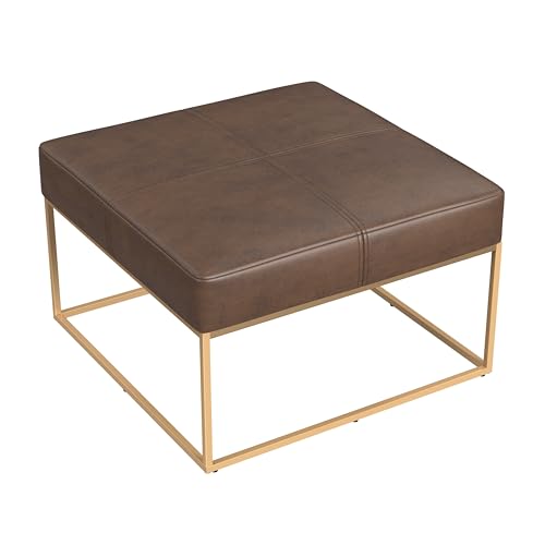 Homepop Decorative Large Square Gold Metal Ottoman | Ottoman Stool for Living Room & Bedroom | Decorative Home Furniture (Brown Faux Leather)