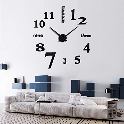 LZYMSZ DIY Wall Clock Modern 3D Wall Clock with Mirror Numbers Stickers for Home Office Decorations Gift(Black)