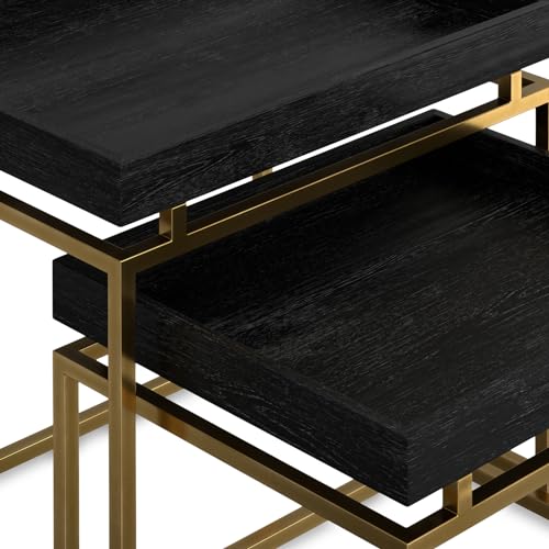 SIMPLIHOME Macy SOLID MANGO WOOD and Metal 20 inch Wide Rectangle Contemporary 2 Pc Nesting Table in Black, Gold, Fully Assembled for the Living Room and Bedroom