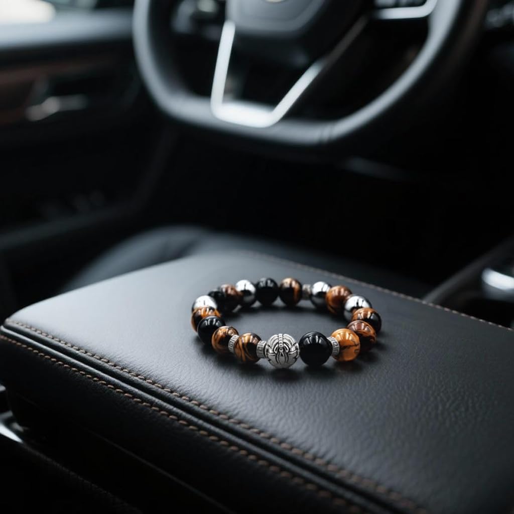 PZTIIY Large 14mm Tiger's Eye Obsidian Hematite Triple Protection Bracelet - Lucky Spacers Unisex Stretch Bracelet, Blessing Healing Jewelry, Great Gift Choice for Parents/Partners/Employees