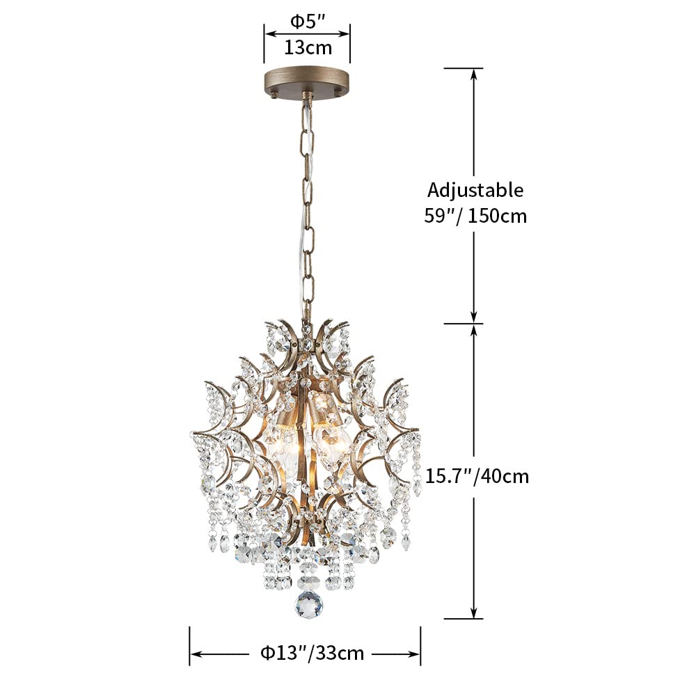 AGV LIGHTING Crystal Chandeliers, Modern Style Pendant Light Fixture with 1-E26-Light Socket, Perfect for Living Space, D13 x H16, Adjustable Chains 59", Brass Finish