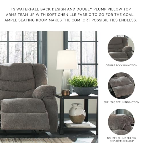 Signature Design by Ashley Tulen Contemporary Rocker Recliner, Gentle Rocking Motion, Pull Tab Reclining, Fabric Upholstery, 39" W x 40" D x 40" H, Dark Gray