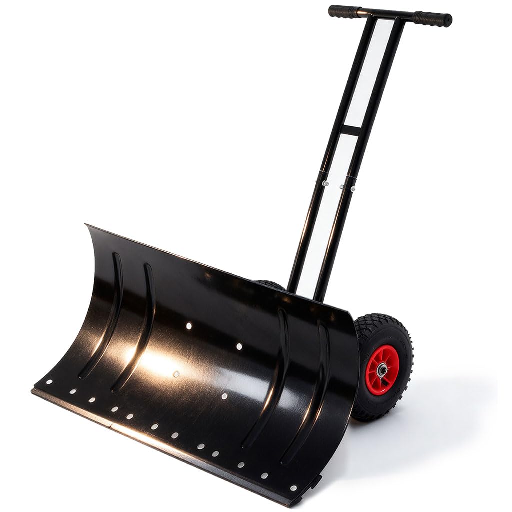Heavy-Duty Snow Shovel with Wheels, 30" Wide Metal Snow Pusher with Adjustable Height & Angle Handle, Carbon Steel Blade, Ergonomic Double-Rod Design for Driveway, Sidewalk, and Path Snow Removal