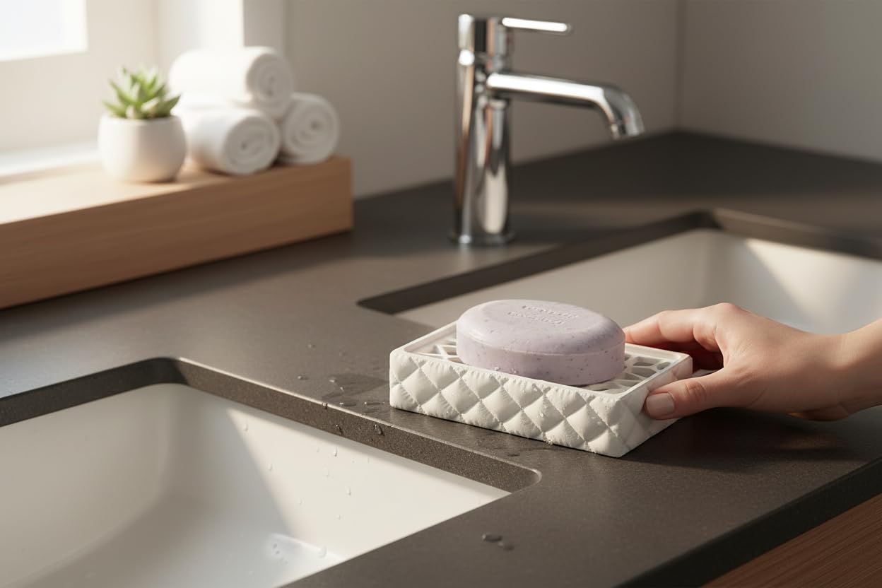 2 Pack Soap Dish Set for Bathroom Sink & Kitchen – Made in USA – Modern Geometric Draining Tray & Base