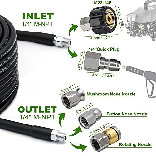 Sewer Jetter Kit 100FT for Pressure Washer, 5800PSI Drain Cleaner Hose 1/4 Inch NPT Corner Rotating and Button Nose Sewer Jetting Nozzle Spanner Waterproof Tape Pearl Corsage Pin