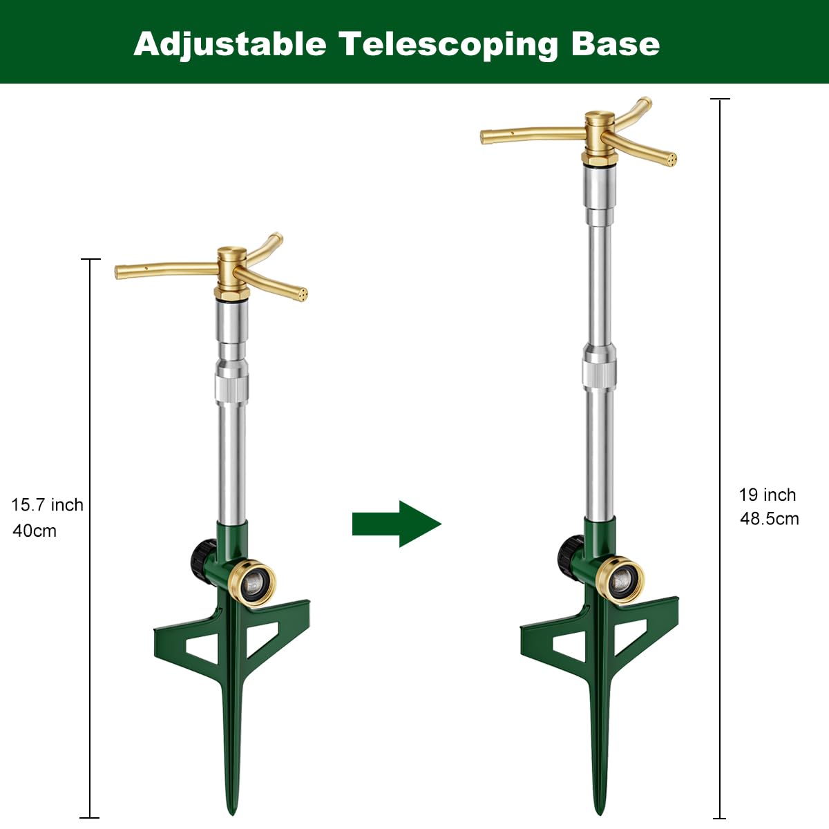 FANHAO 2 Pack Metal Lawn Sprinklers with Adjustable Telescoping Base, 3-Arm Water Sprinkler 360 Degree Rotation High-Rise Sprinkler for Large Area Coverage, Garden Watering Irrigation Sprinkler System