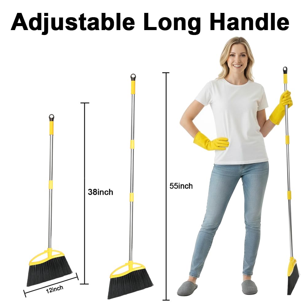 Gloffer Soft Bristles Broom for Indoor Sweeping, Household Cleaning Angle Broom with 55inch Long Handle for Home Office Hardwood Tile Floors Kitchen