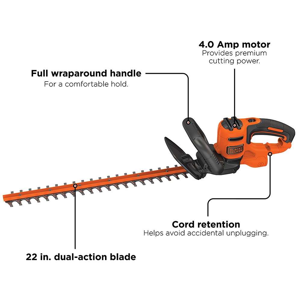 BLACK+DECKER 22" Electric Hedge Trimmer, Lightweight 4.0 Amp Corded Dual Action Shrub Trimmer, Full Wraparound Handle, High Output Low Vibration (BEHT350FF)