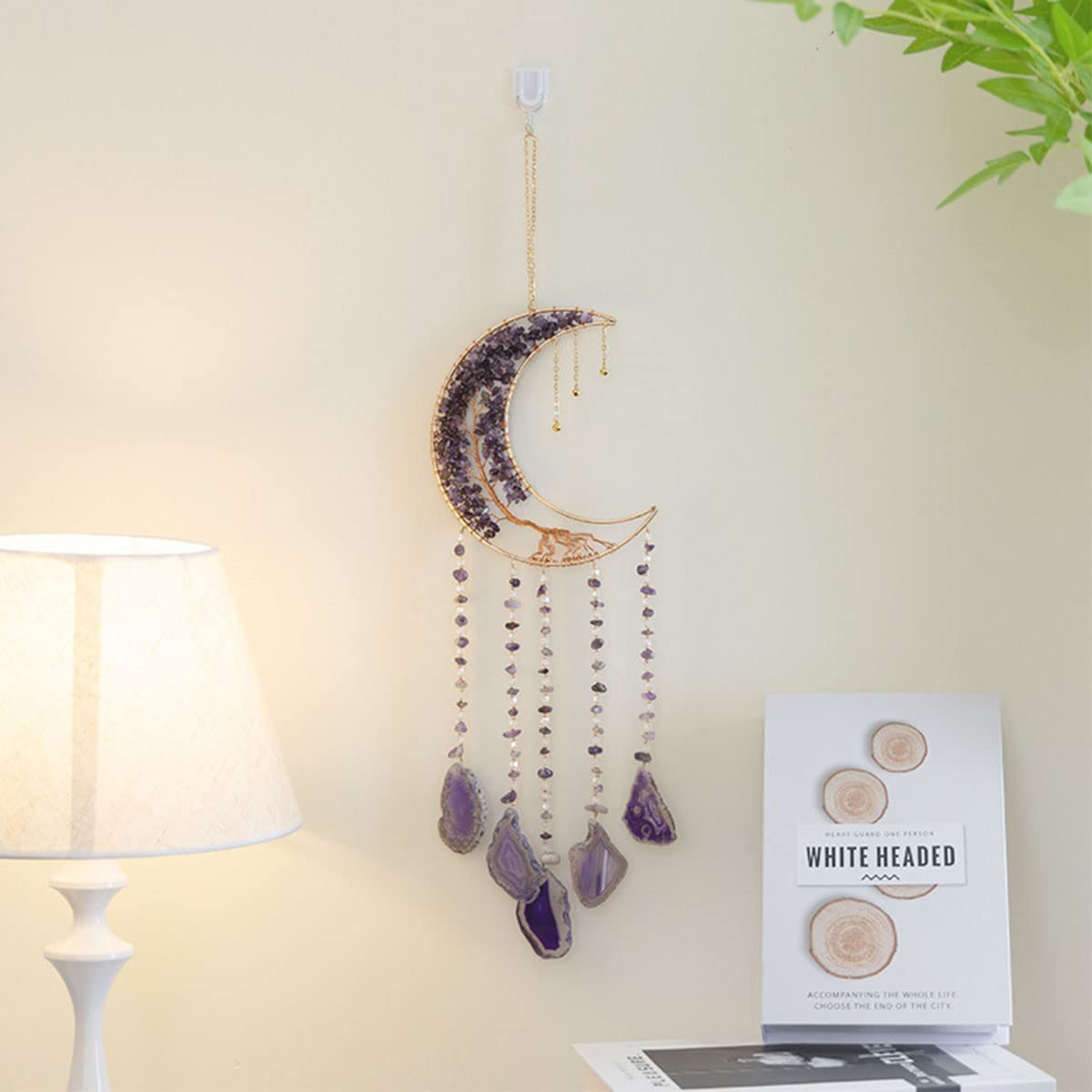 Agate Moon Dream Catchers with Crystal Purple Gemstone Dream Catchers Natural Tree of Life Gem Agate Wall Hangings Room Garden Dreamcatchers Decor (Purple)