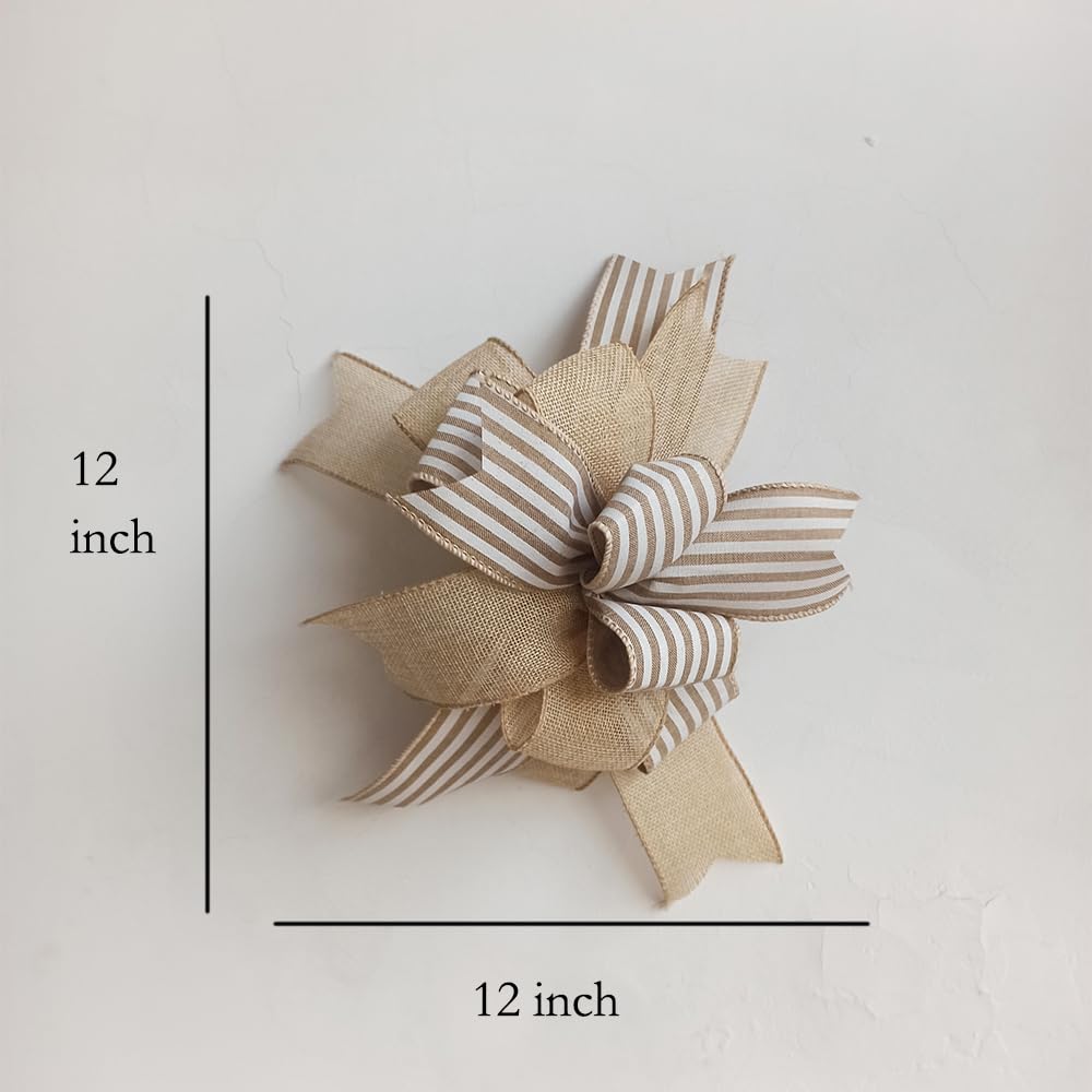 VOZLAC Spring Wreath Bow,Vintage Beige Stripe Farmhouse Lantern Bow, Rustic Door Hanger Bow, Wreath Embellishment, Everyday Wreath Bow, Farmhouse Wreath Bow