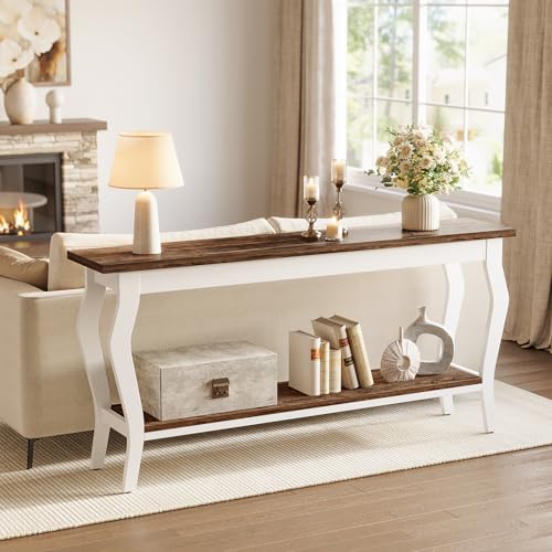 LITTLE TREE 70.9 Inches Long Console Table, 2-Tier Vintage Wooden Sofa Table Behind The Couch with Metal Legs for Hallway, Entryway, Living Room, Brown & White