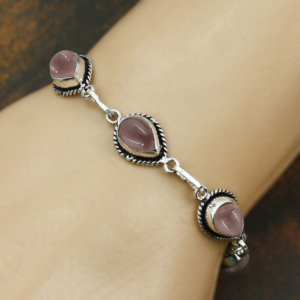 Natural Smoky Quartz Silver Plated Link Bracelet for Women - Brown Stone November Birthstone Handmade Vintage Style Adjustable Bracelet - Birthday Gifts for Mom Wife Sister
