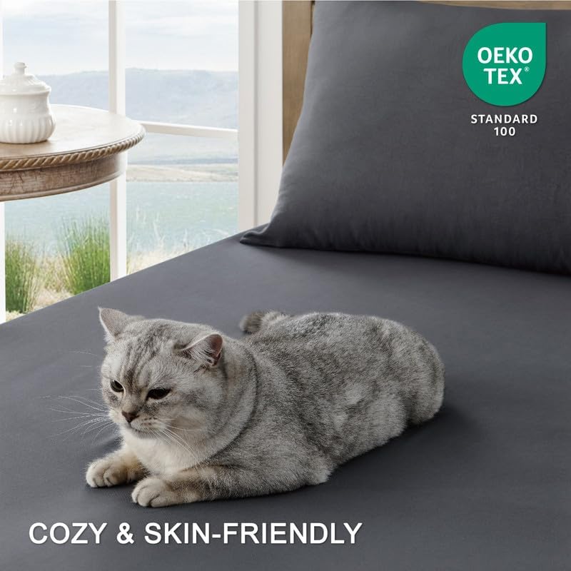 FreshCulture Queen Sheet Set - Ultra Soft Sheets for Queen Size Bed - Brushed Microfiber - Deep Pockets - Easy Care - Cooling & Breathable - 4 Pieces Hotel Luxury Queen Bed Sheets (Dark Grey)