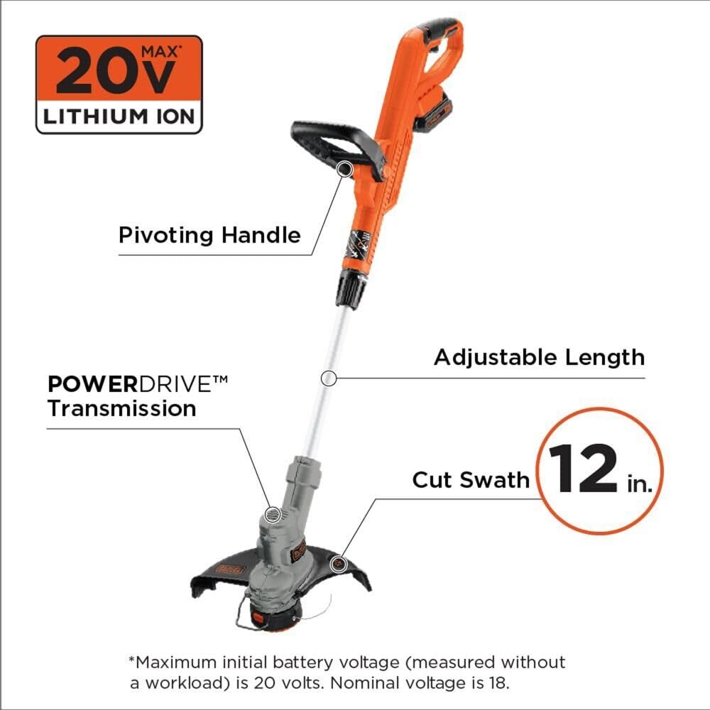 BLACK+DECKER 20V MAX String Trimmer and Edger 2 in 1, Cordless Weed Wacker with Auto Spool Feed, Battery and Charger Included, 12 Inch Steel Deck, Reduced Vibration (LST300)