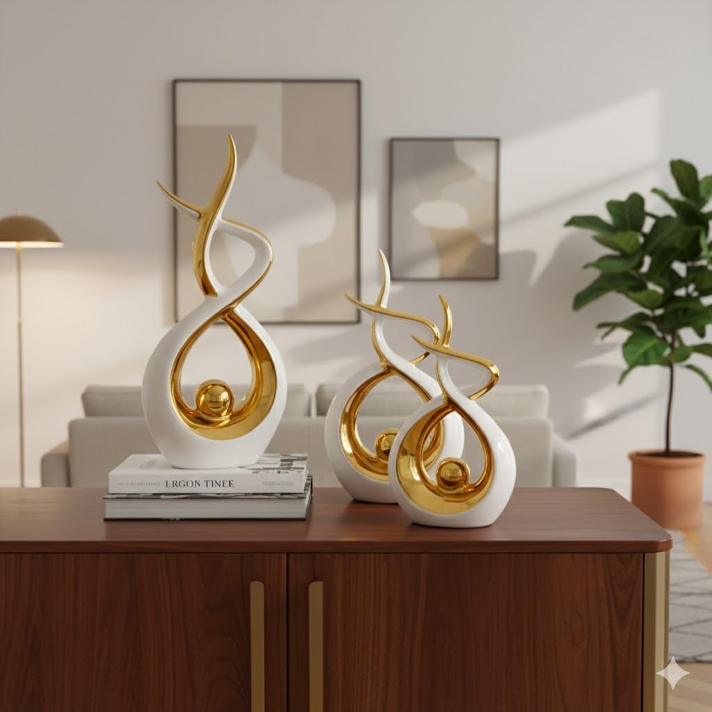 Querro Modern Abstract Ceramic Statue - Elegant White & Gold Decor for Home Living Room, Dining Table Centerpiece & Office Shelf | Luxury Aesthetic Sculpture (Large)