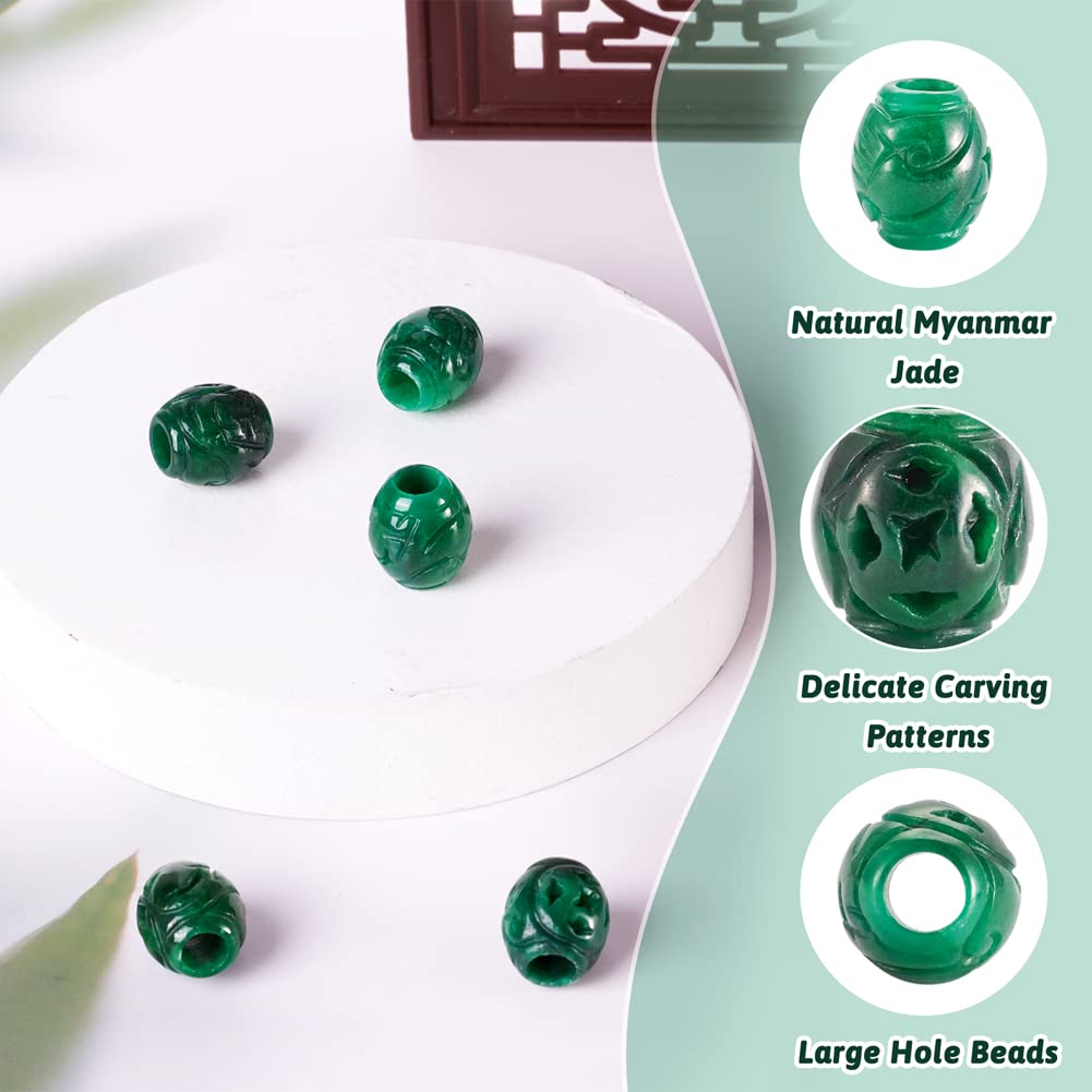 Fashewelry 5Pcs Natural Myanmar Jade Stone Large Hole Beads Barrel Engraving Gemstone European Charm Beads Drum Shape Healing Chakra Gems Loose Spacers for Jewelry Making 4mm Hole