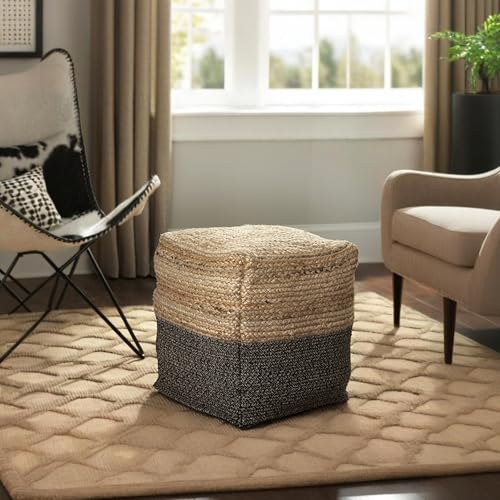 Signature Design by Ashley Sweed Valley Farmhouse Jute Braided Pouf, 17.5 x 20.25 inches, Natural & Black