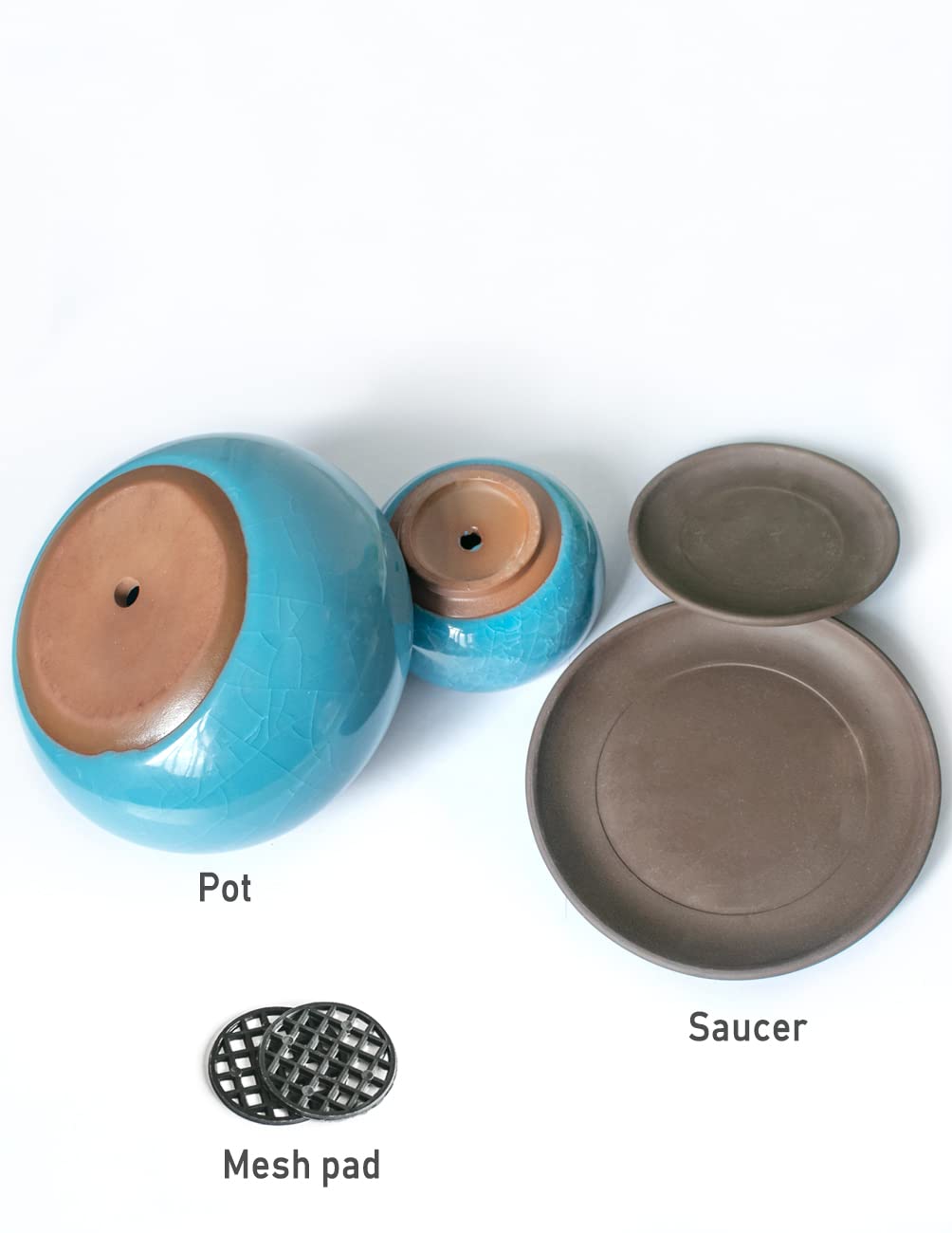 Dahlia Round Ceramic Succulent Pot/Bonsai Pot with Drainage Tray, 2pc Set Teal
