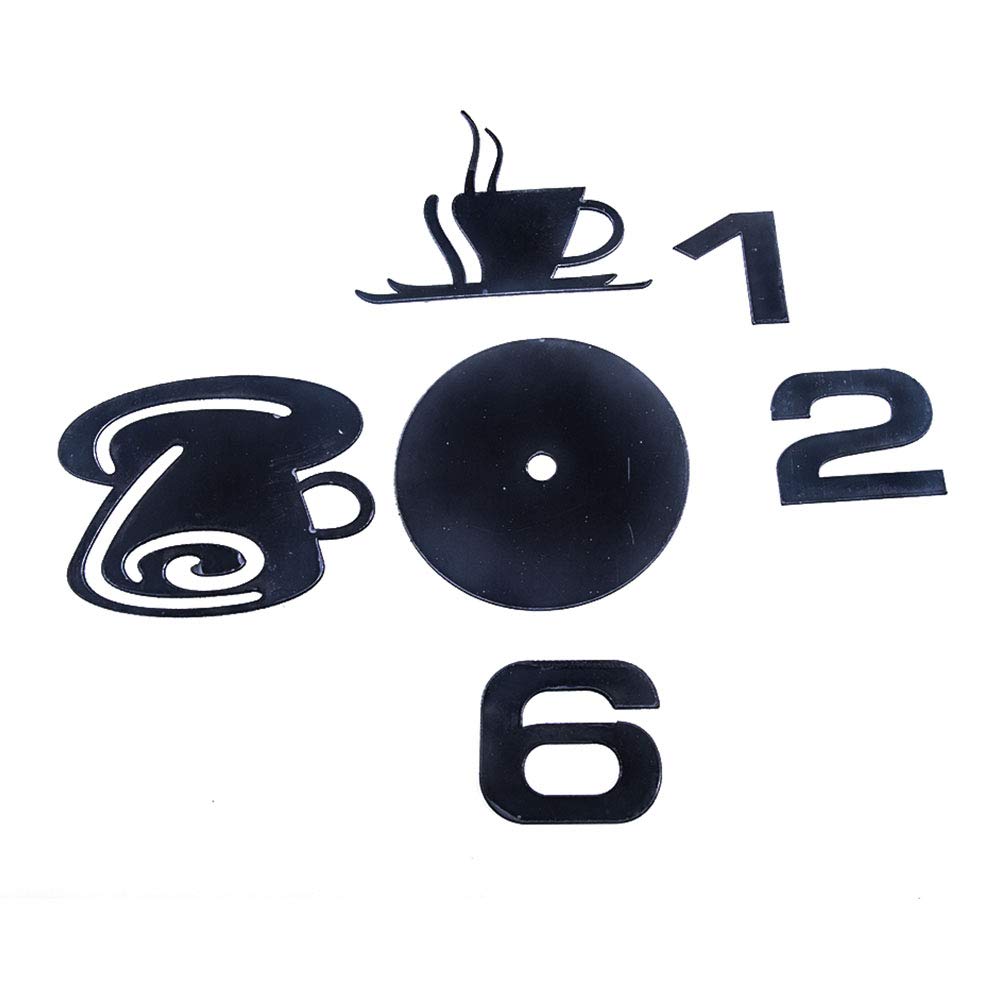MOFUCA 3D DIY Wall Clock, Kitchen Coffee Decor Wall Clocks Frameless Large DIY Wall Clock Wall Sticker Home Decor for Living Room Bedroom Decoration (Black)