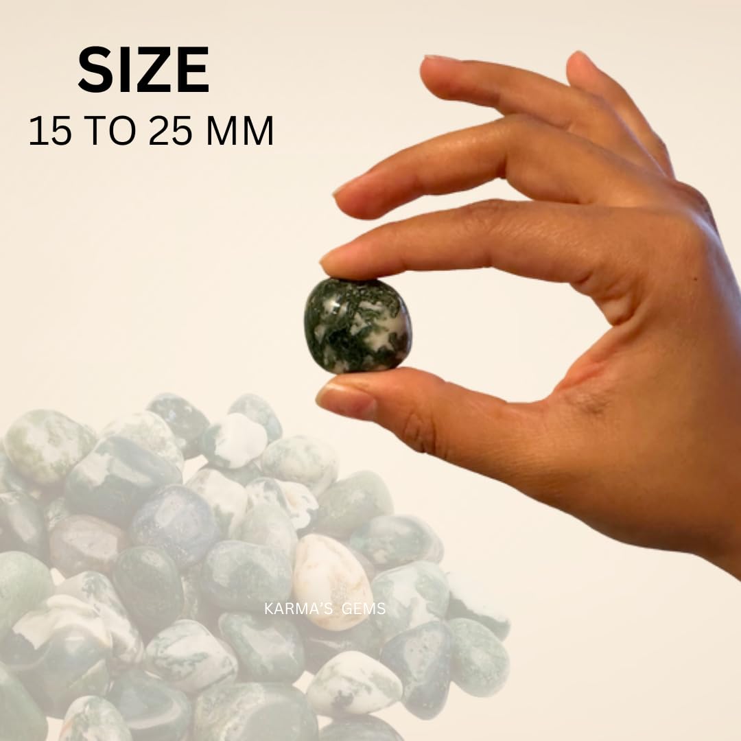 Karma Gems Moss Agate Tumbled Stones Natural Crystal Kit for Reiki Healing Crystal Polished, Tumble Stones, Chakra Balancing, Reiki Gift, Home Decor (15-25 MM)