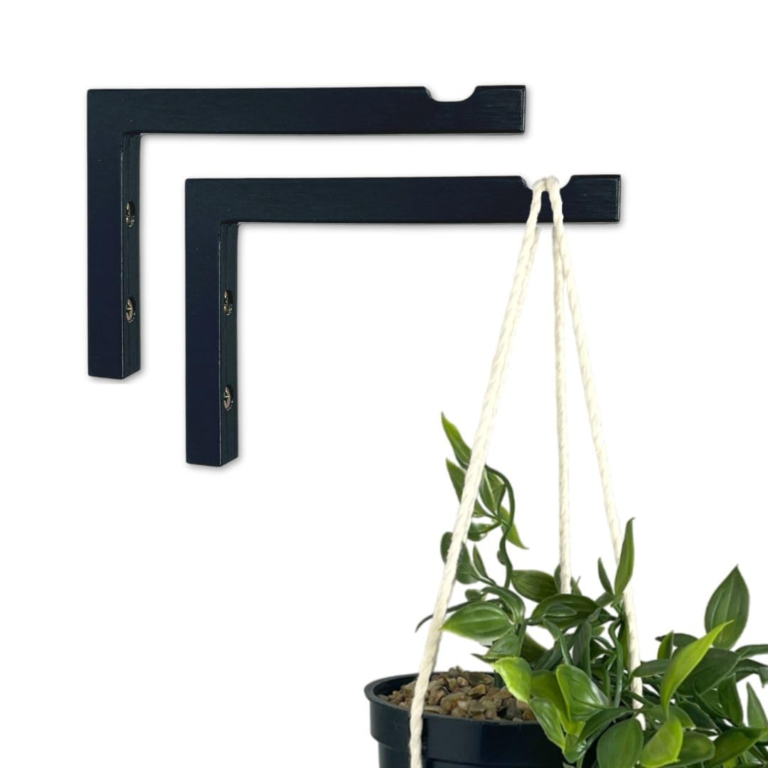 EvenWood 2-Piece Set of Plant Hooks for Wall 6 Inch - L-Shaped Mounted Wooden Plant Hook - Indoor and Outdoor Bracket Plant Hanger for Planters, Lanterns, Bird Feeders and Plant Basket (Black)