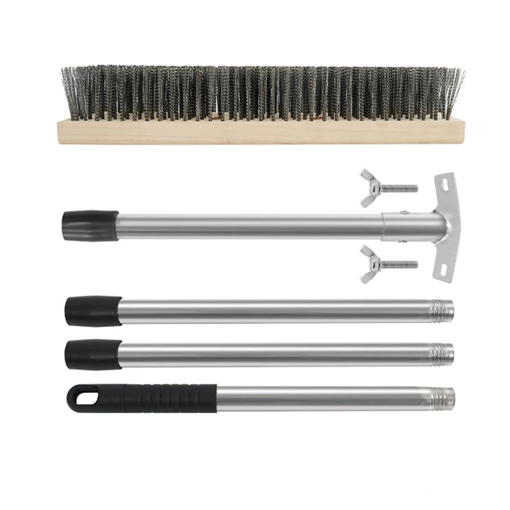 Heavy Duty Floor Scrubber,Deck Brush with Long Handle,56L''×12W Stainless Steel Wire Scrub Brush, Stiff Metal Bristle Scrubber Broom for Deck, Concrete, Patio Floor Cleaning Moss Removal