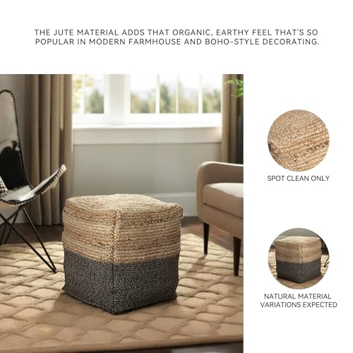 Signature Design by Ashley Sweed Valley Farmhouse Jute Braided Pouf, 17.5 x 20.25 inches, Natural & Black