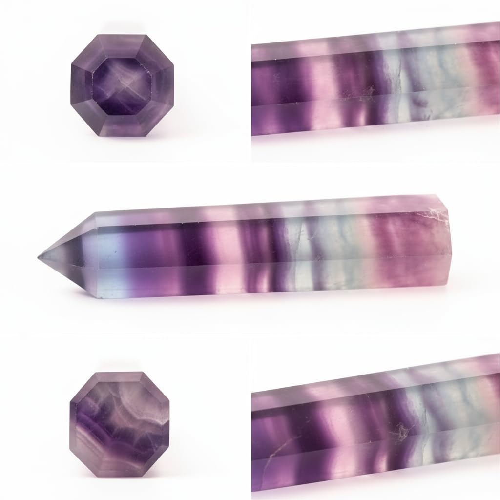 WHAL&YUNE Gemstone Wands 1PC, Rainbow Fluorite Hexagonal Wands Gemstone Tower, Natural Hand Carved Pointed Stone Fluorite Crystal for Meditation, Home Decor-3"-3.5"(8-9cm)
