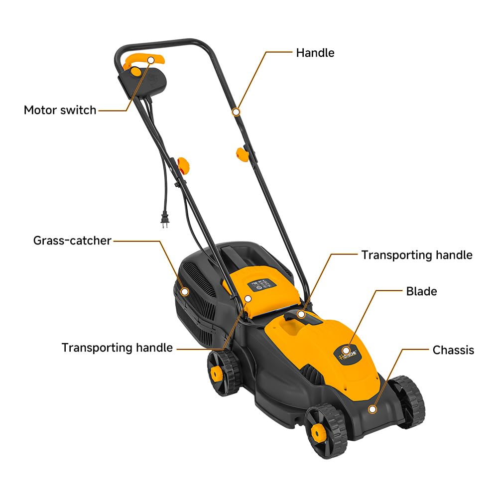 Hoteche 10-Amp Corded Electric Lawn Mower - 12.6 Inch Cutting Width, 30L Grass Bag, 3 Height Adjustments (1"-2.2"), Lightweight Walk-Behind Mower for Small/Medium Lawns (Easy Push Design)