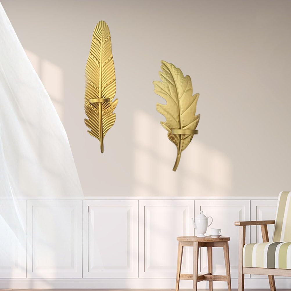 PRETYZOOM Metal Leaf Candle Holder Set of 2 Wall-Mounted Decorative Candlesticks for Home Bedroom Living Room Office Party D Cor 13.93X3.38X1.96In