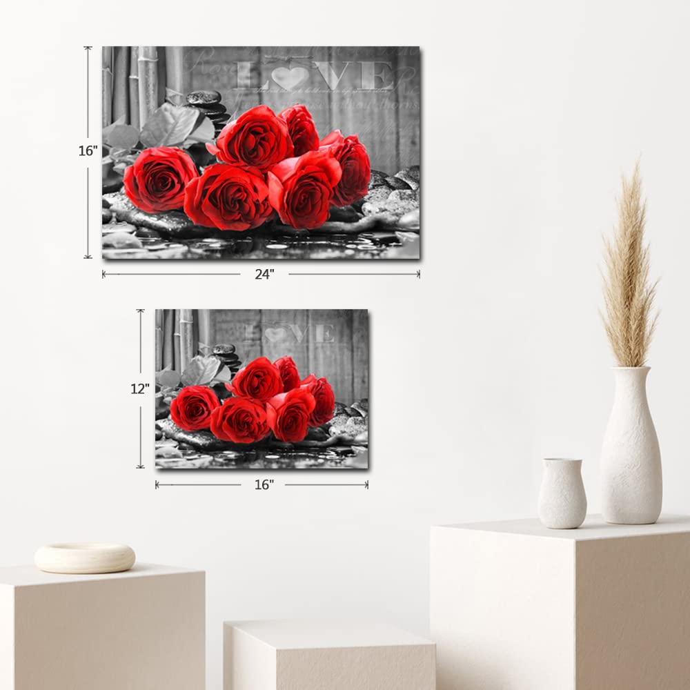 YMYXMC33 Red Rose Flower Picture Decor Wall Art Canvas Print Black and White Poster Country Love Decoration Bedroom Bathroom12x15