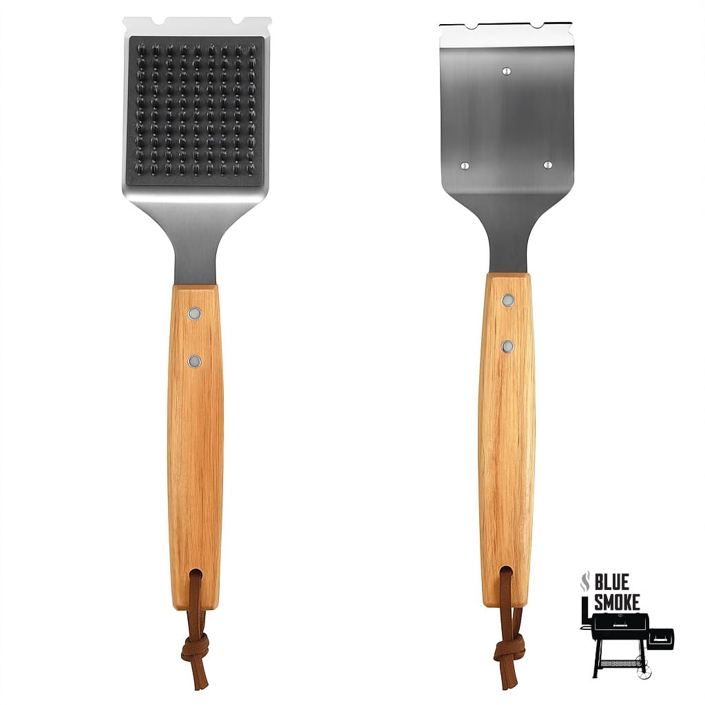 Blue Smoke Grill Brush and Scraper – Heavy Duty BBQ Cleaner with Stainless Steel Bristles, Solid Wooden Handle & Leather Strap – Barbecue Cleaning Tool for Gas, Charcoal, Smoker & Grill Grates