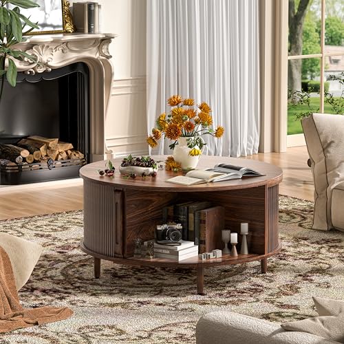 Round Coffee Table, 31.5" Fluted Center Table with Storage, Lift-Top Coffee Table with Adjustable Footpads, Sliding Door, Mid-Century Modern Center Table for Living Room, Small Space (Warm Walnut)