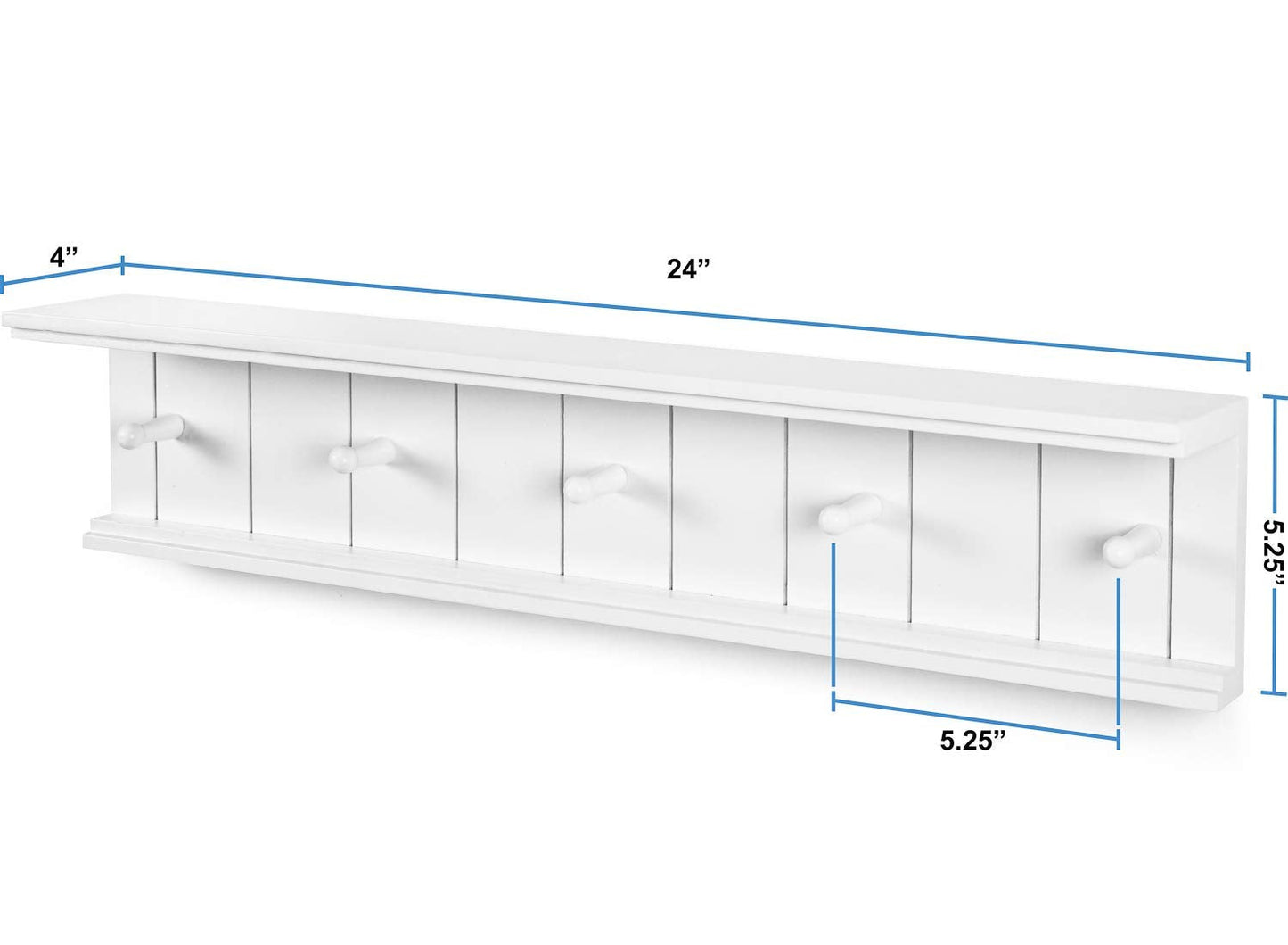 Greenco Entryway Wall Mounted Floating Shelf with Wooden Peg Style Hooks, Hat and Coat Hanging Storage Shelf, 24” – White