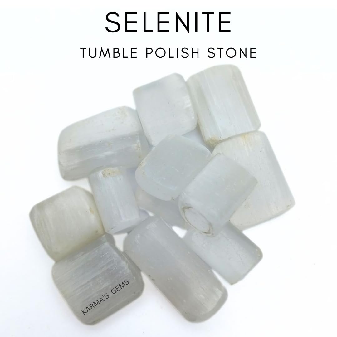 Karma Gems Selenite Tumbled Stones Natural Crystal Kit for Reiki Healing Crystal Polished, Tumble Stones, Chakra Balancing, Reiki Gift, Home Decor (15-25 MM)