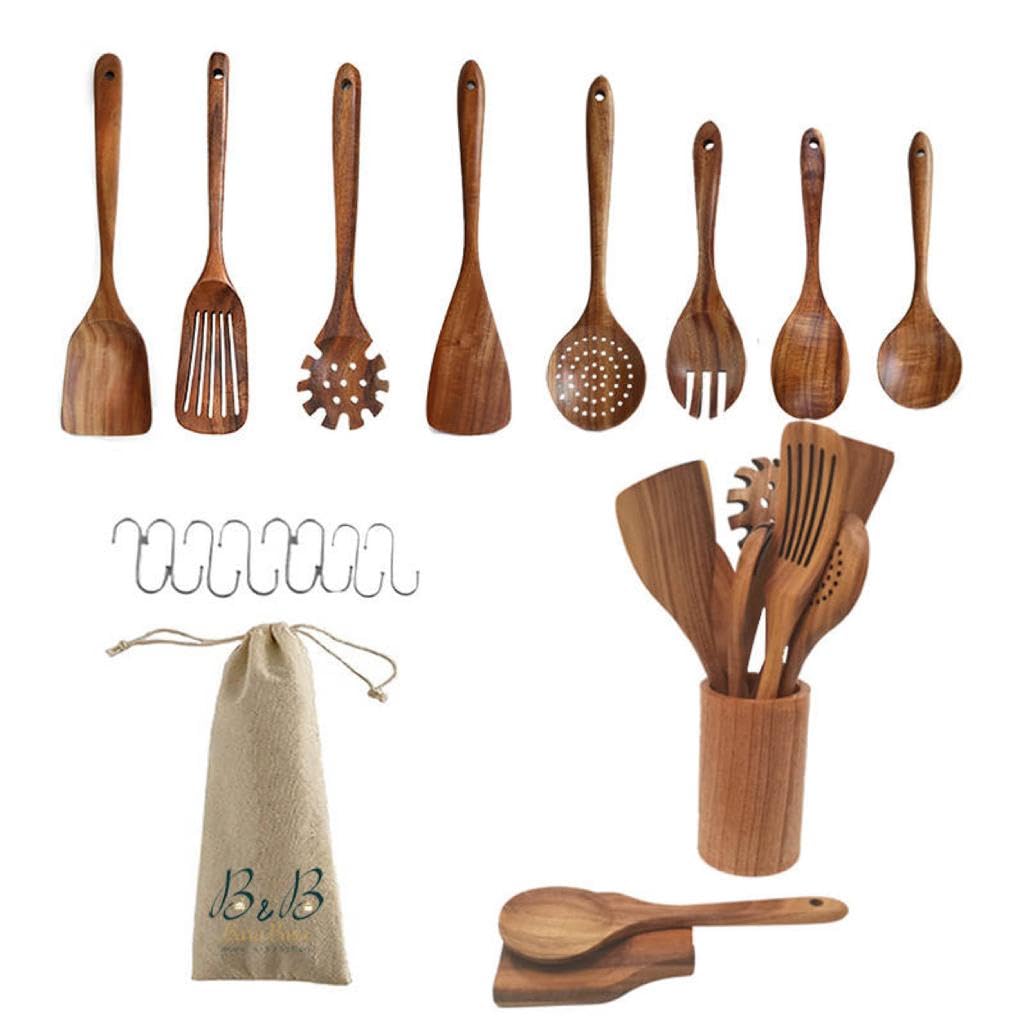 BaraBara Kitchen Utensils Set, Wooden Holder, Spoon Rest and Hooks, Kitchen Wooden Utensils, 100% Natural Teak Wooden Kitchen Utensil