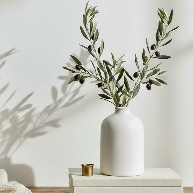 White Ceramic Vase - 7 Inch Tall - Large, Minimalist Modern Home Decor, Decorative Object - Centerpiece, Coffee Table, Living Room, Bookshelf, Office, Entryway, Console, Wedding, Flowers, Olive Plant