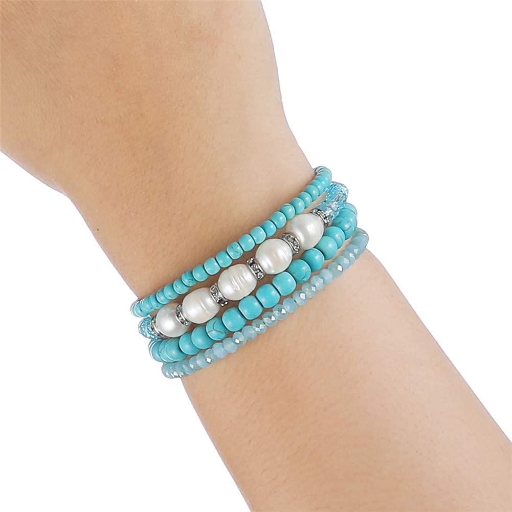 Beaded Freshwater Pearl Chakra Bracelet - Multi Strand Wrap Bracelet with Natural Crystal Agate Beads, Birthday Gifts for Women(29-Turquoise)