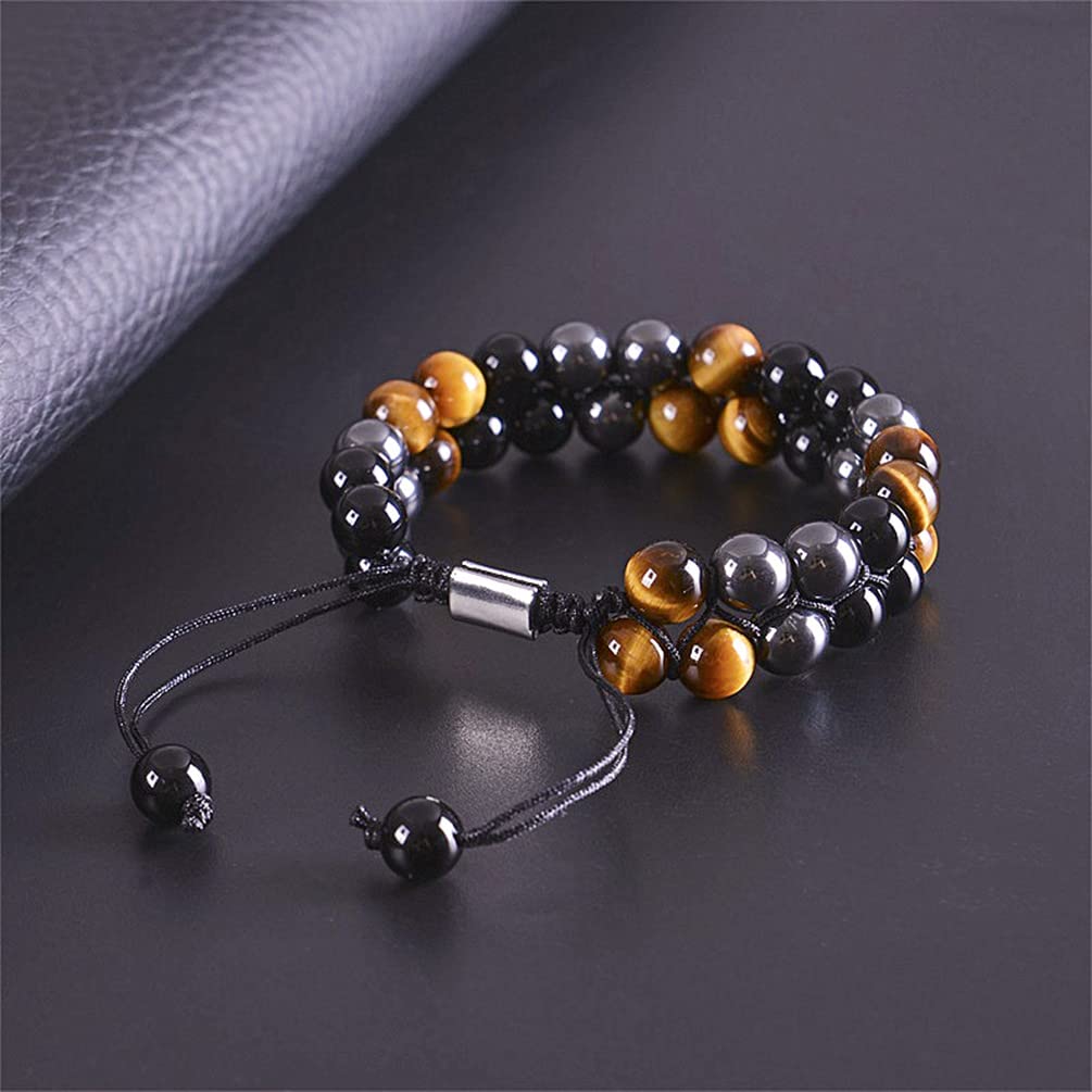 WEFRIN Triple Protection Bracelet for Bring Luck and Prosperity Hematite Black Obsidian Tiger Eye Stone Bracelets for Men Women, Beaded Buddha Rope Uni Bracelet (2pcs)(A(1))
