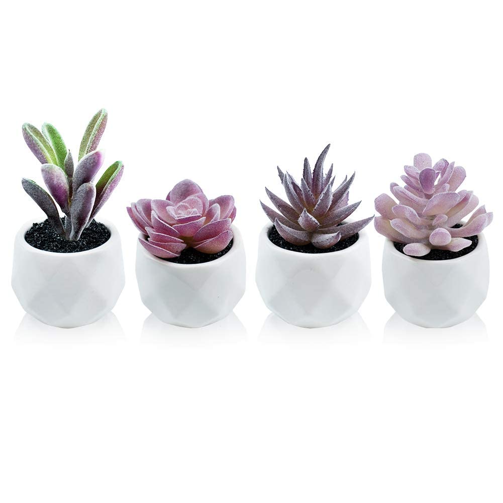 Tiita Purple Artificial Faux Succulents in Pots, Mini Purple Fake Plants for Women Desk, Small Realistic Faux Succulents for Home Office Accessories Window Sill Bathroom Bedroom 4 Set