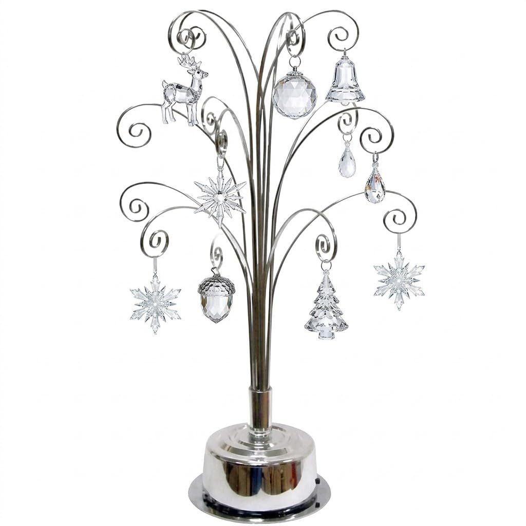 HOHIYA Ornament Display Stand 360° Rotating Christmas Tree Display with 15 Metal Hooks Tabletop Ornament Hanger for Crystal Glass Baubles Elegant Chrome Silver Eater Decor