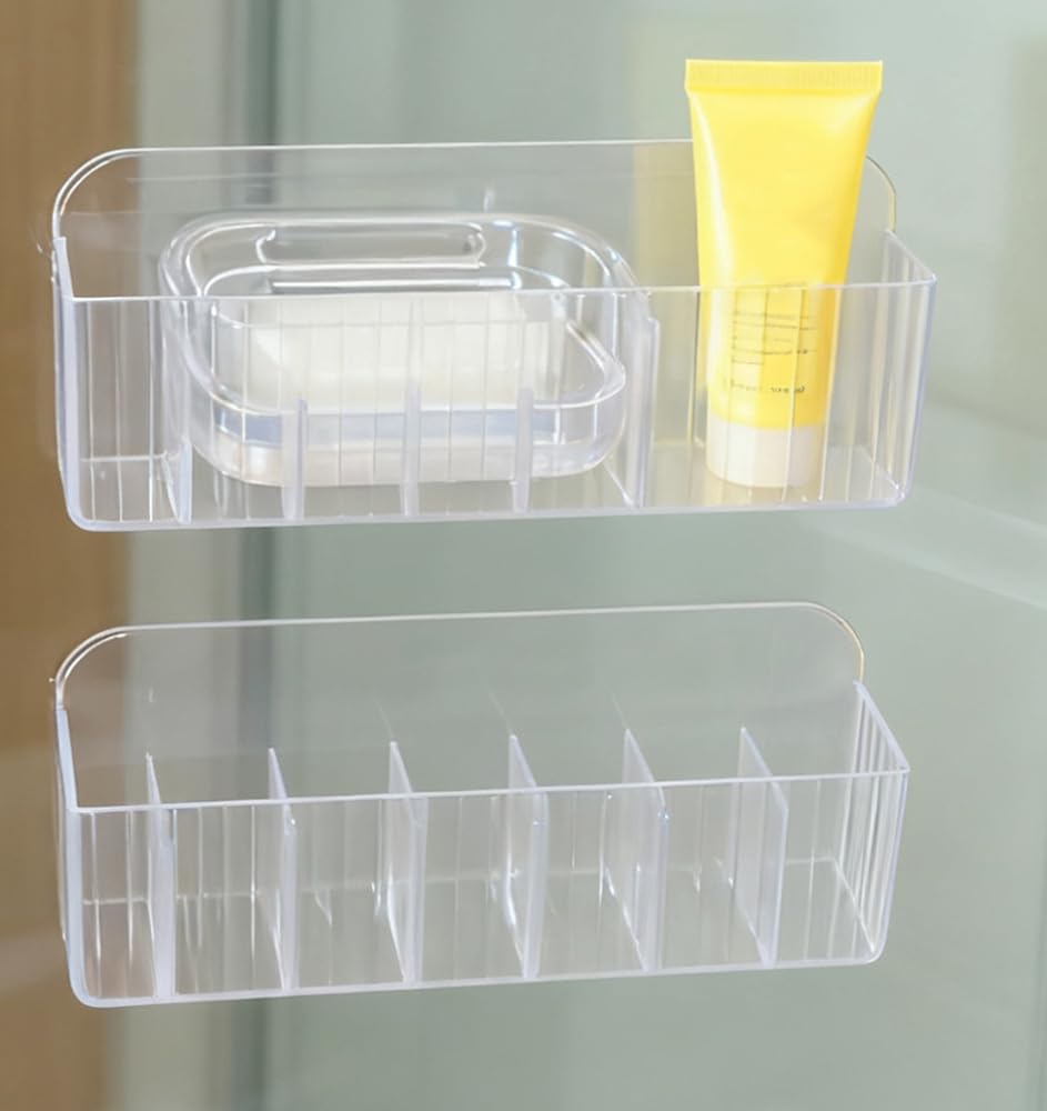 Wall Mount Storage Organizer, Clear Storage Box Holder Basket with 6 Compartments No Drilling Hang Walls/Doors for Kitchen, Cabinet, Bathroom, Bedroom, Office (19x8x3.8cm)
