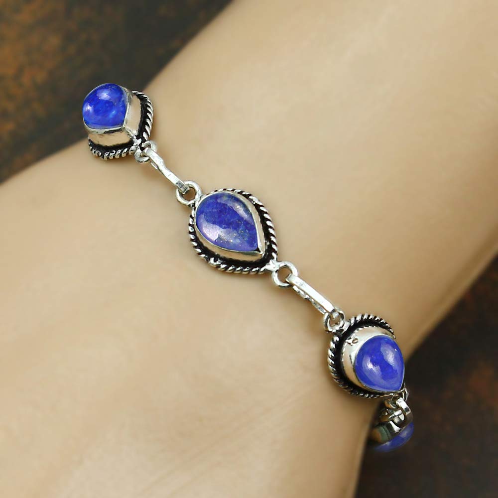 Natural Lapis Lazuli Silver Plated Link Bracelet for Women - Blue Stone September Birthstone Adjustable Handmade Vintage Style Jewelry Bracelet - Mother's Day Gifts for Mom