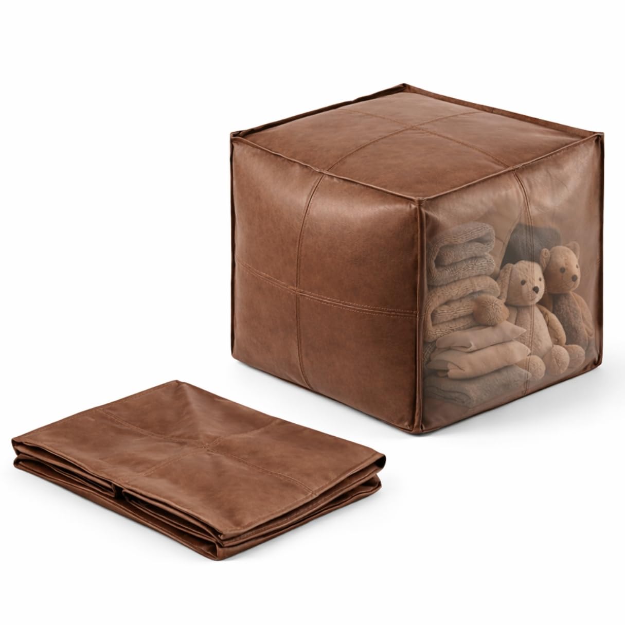 SOFTSOUL DIY Fillable Storage Ottoman – Stuff with Clothes, Blankets or Toys to Create Seat or Footstool, Space-Saving Faux Leather Square Pouf Organizer (Unfilled), 17.7”×17.7”×15.7”